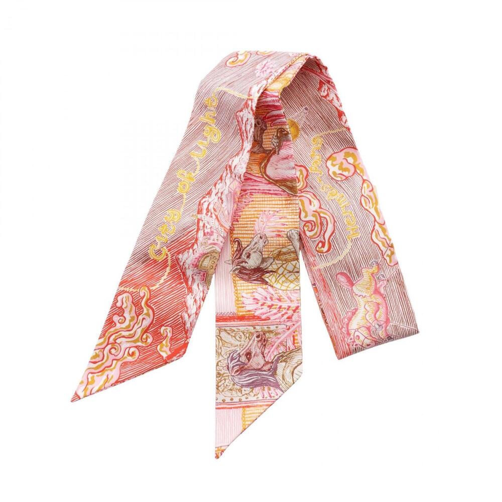 Hermes Twilly City of Light Ribbon Scarf Muffler Silk Women's Pink Multicolor